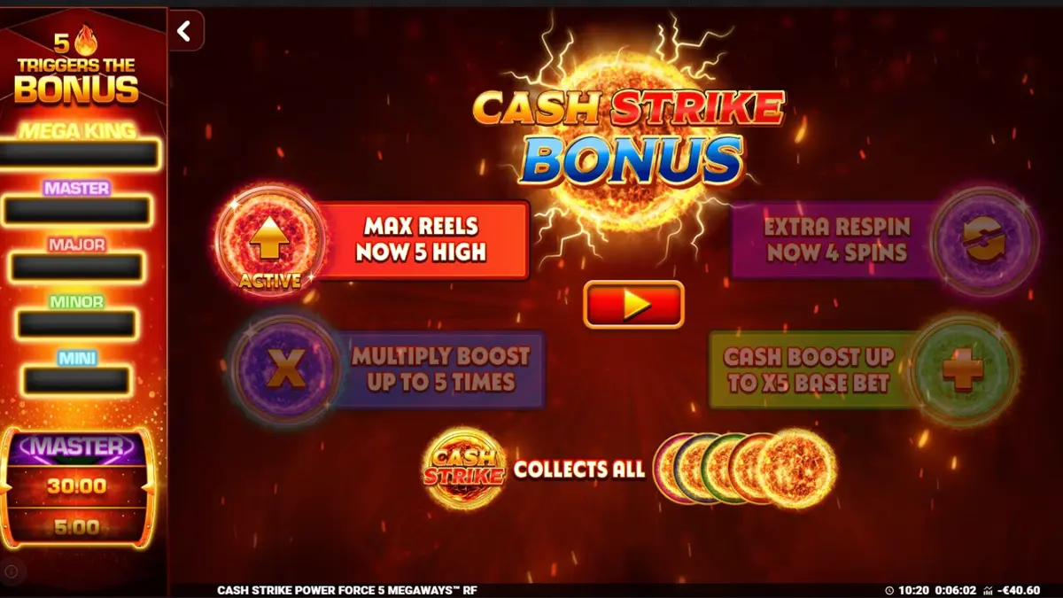 Captura de tela do jogo Cash Strike Power Force 5 Megaways, mostrando os cilindros cheios de símbolos de frutas clássicos como cerejas, sinos e setes, com a interface de usuário e o banco progressivo visíveis acima.