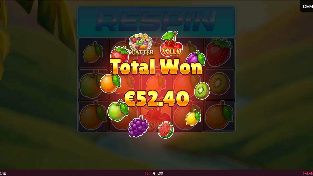 Interface vibrante do jogo de slot Fruits Madness com símbolos de frutas coloridas