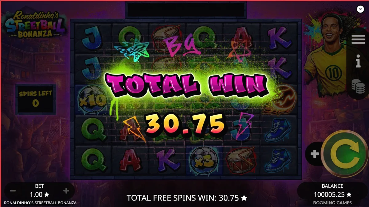 Ronaldinho’s Streetball Bonanza slot com elementos de futebol de rua e luzes neon