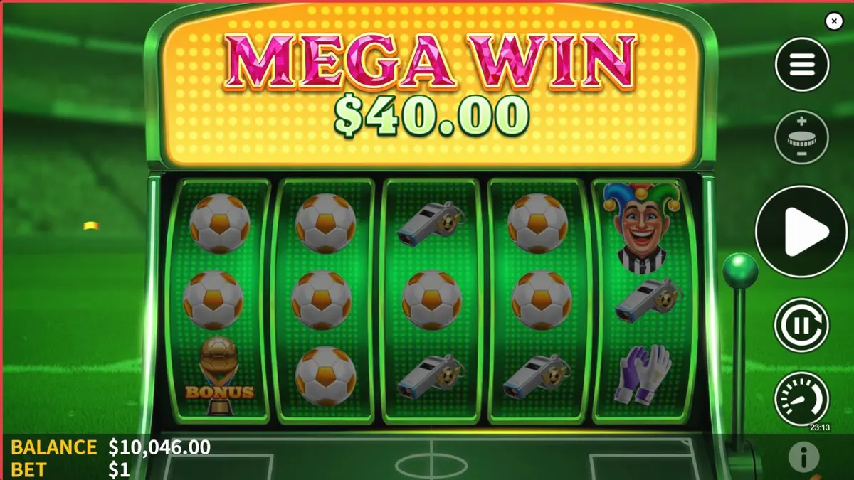 Interface do jogo de caça-níqueis Soccer Joker com tema de estádio e elementos de futebol