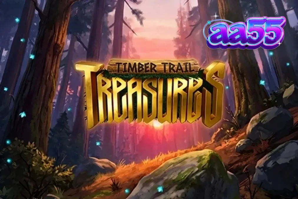 Cenário florestal místico com rolos de slot Timber Trail Treasures